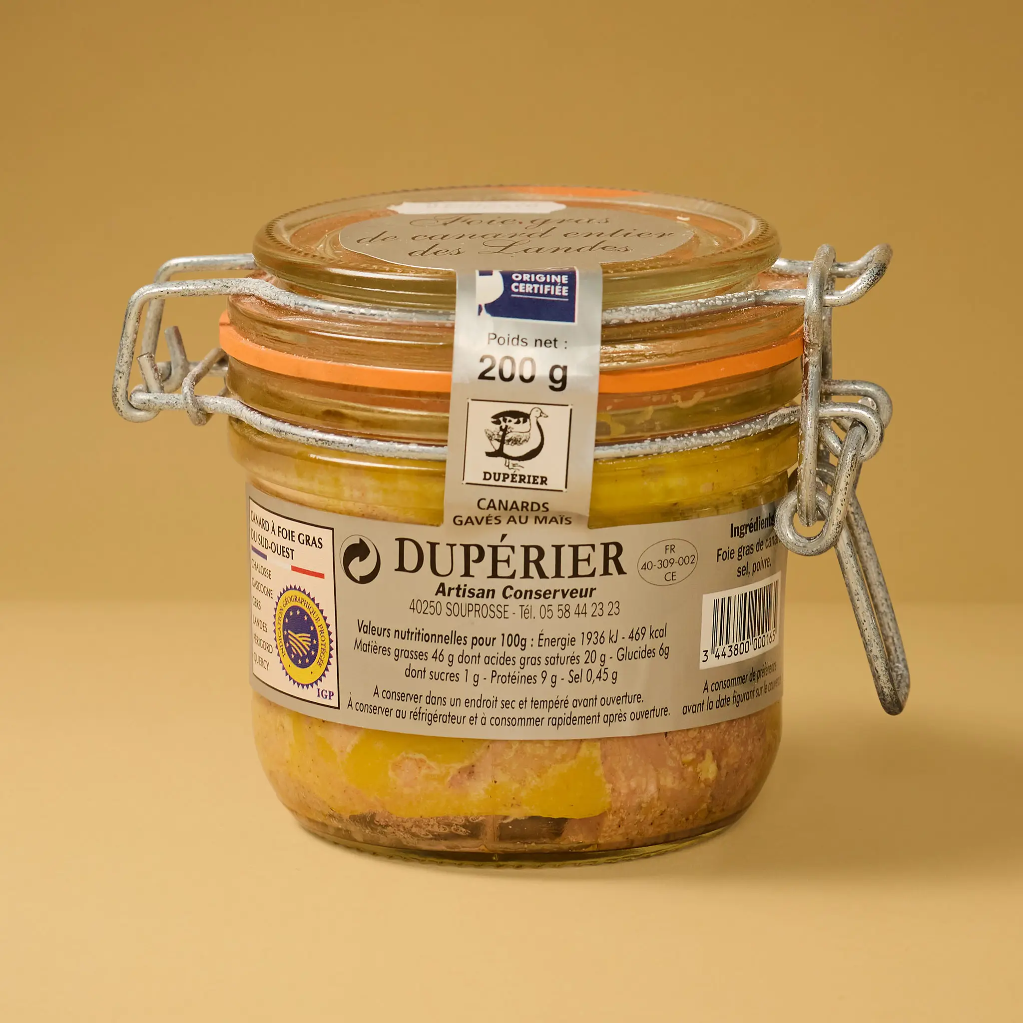 FOIE GRAS CANARD ENTIER  bocal 200g    DUPERRIER