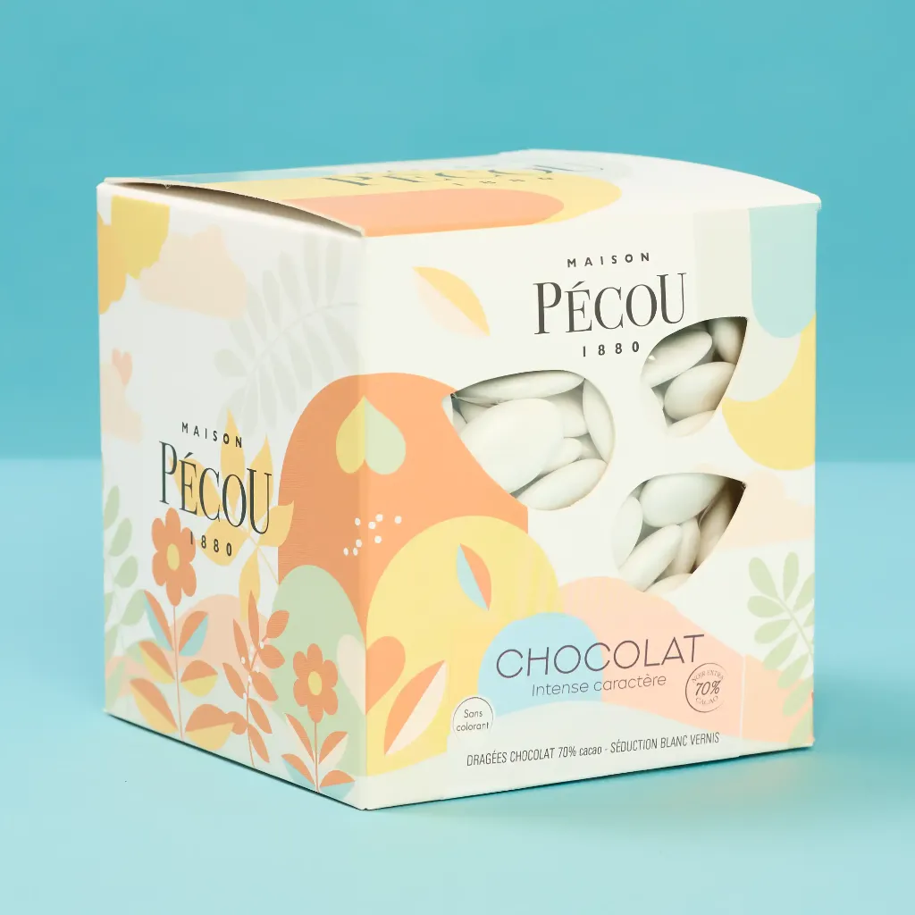 Dragée séduction chocolat 70% blanc vernis 1kg Pecou