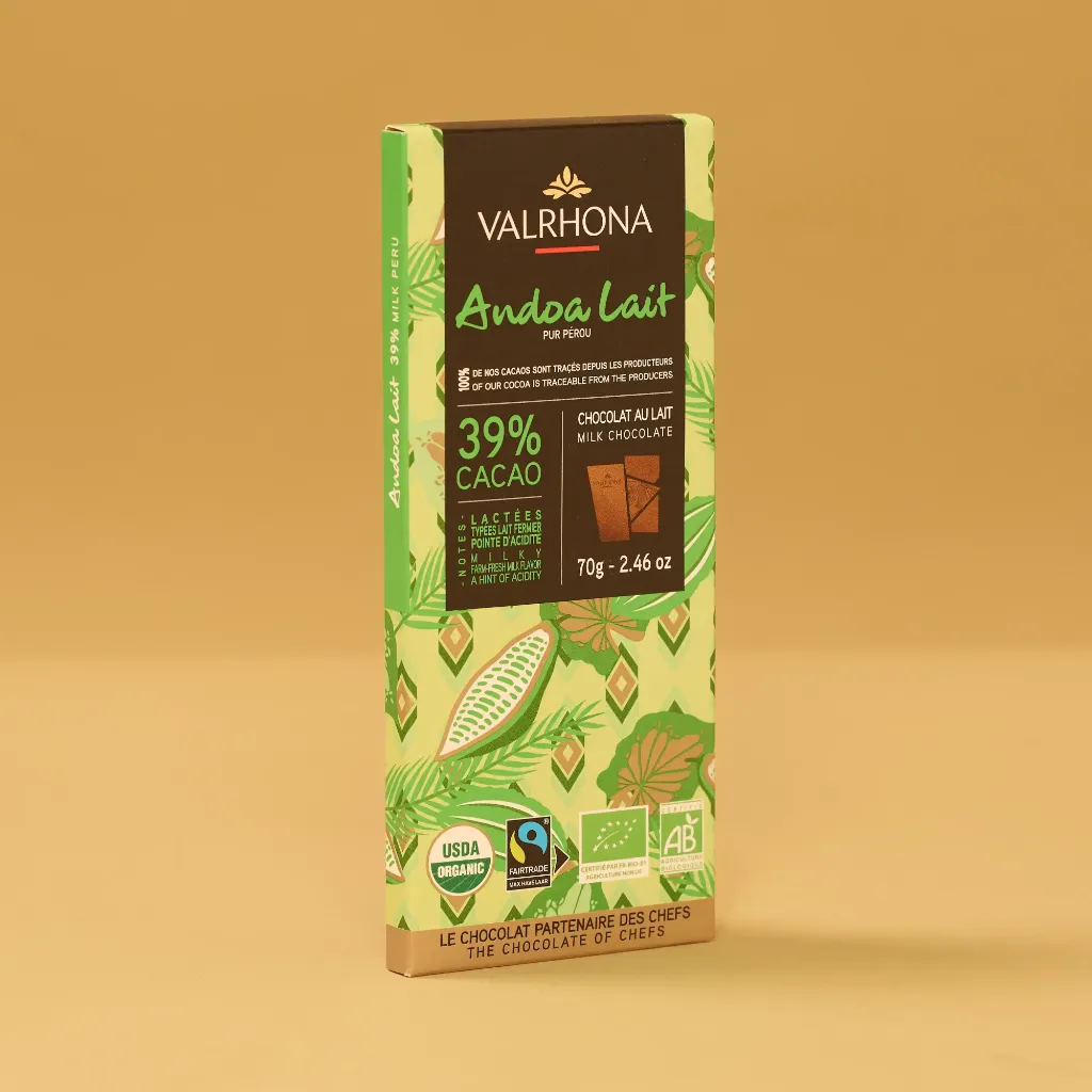 Valrhona Andoa organic and fair trade milk chocolate bar, 39% Peruvian, 70g