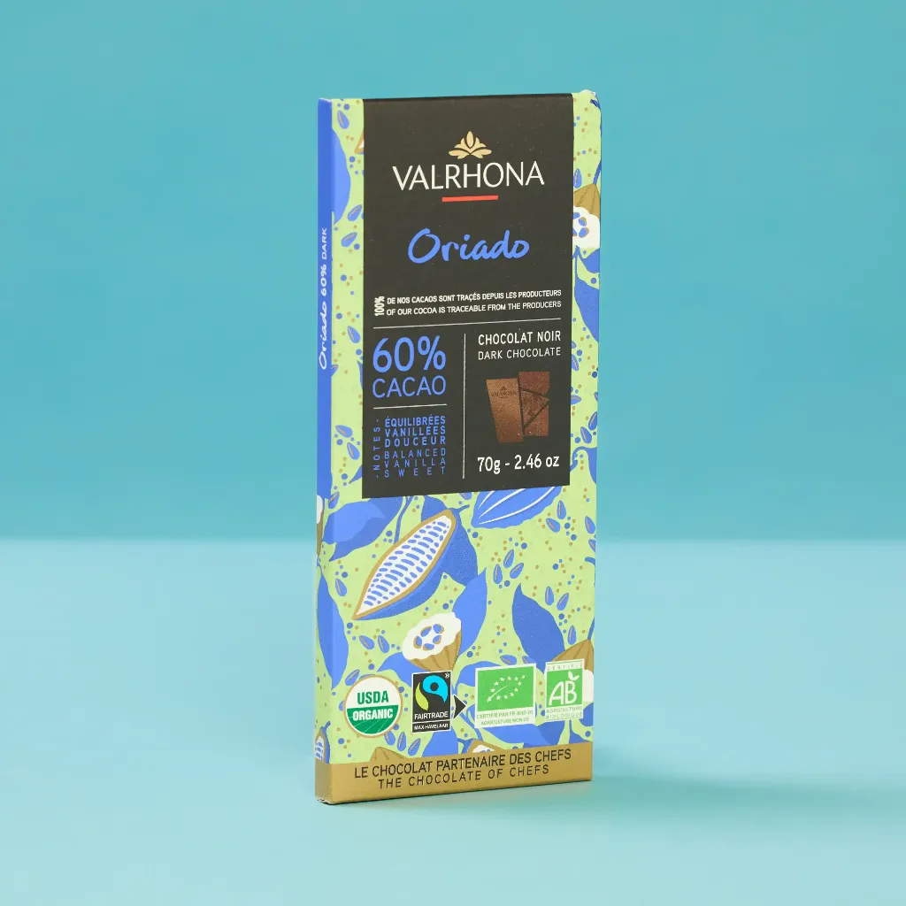 Oriado organic dark chocolate bar, 60% cocoa, 70g, Valrhona