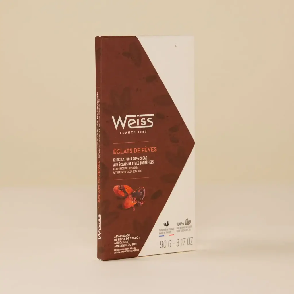 Tablette chocolat noir éclats de fèves de cacao 70% 90g Weiss