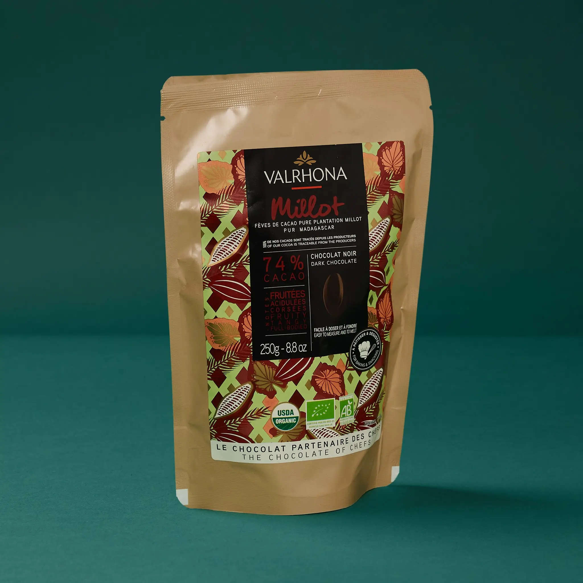 CHOCOLAT MILLOT Noir 74% fève 250g    VALRHONA